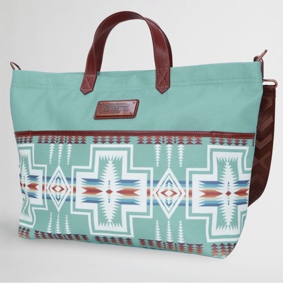 Pendleton Aqua Harding Travel Bag Tribal Boho Western Print Shopper Tote NWT - Picture 2 of 13